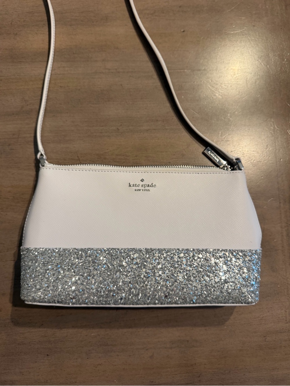 Kate Spade New York Silver Glitter White Crossbody Purse Sparkle Holiday Bag